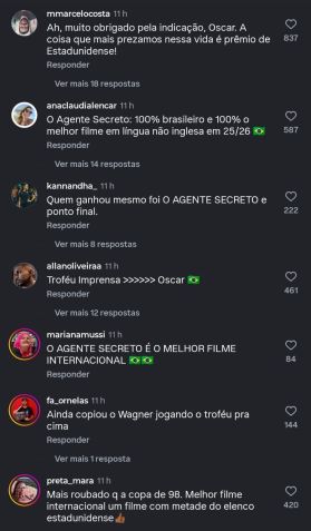 Mensagens dos brasileiros na postagem da Academis parabenizando "Valor Sentimental" • Instagram | Academy