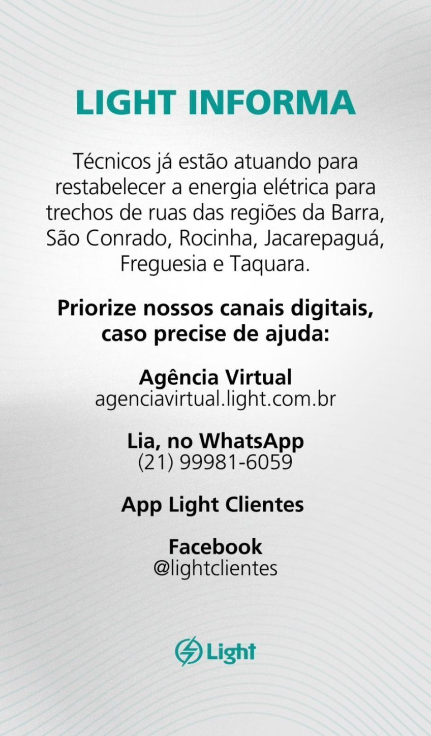 Concessionária comunicou sobre a interrupção do serviço em suas redes sociais. • Divulgação/ Light