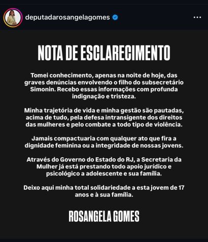 A secretária Rosangela Gomes postou um pronunciamento sobre o caso. • Reprodução - Redes Sociais