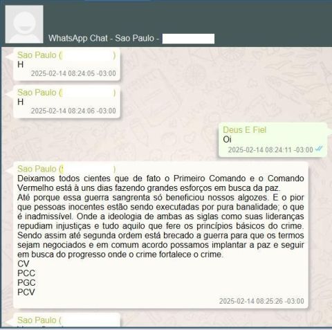 Mensagens revelam conversas entre PCC e traficante do CV. • Reprodução