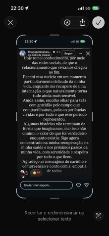 Thiago Gonçalves divulga nota de término • Thiago Gonçalves / Instagram