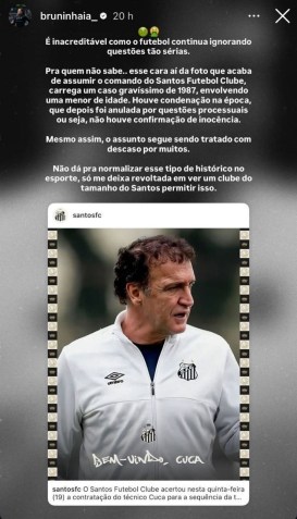 Bruna Santos Nhaia critica contratação de Cuca no Santos •