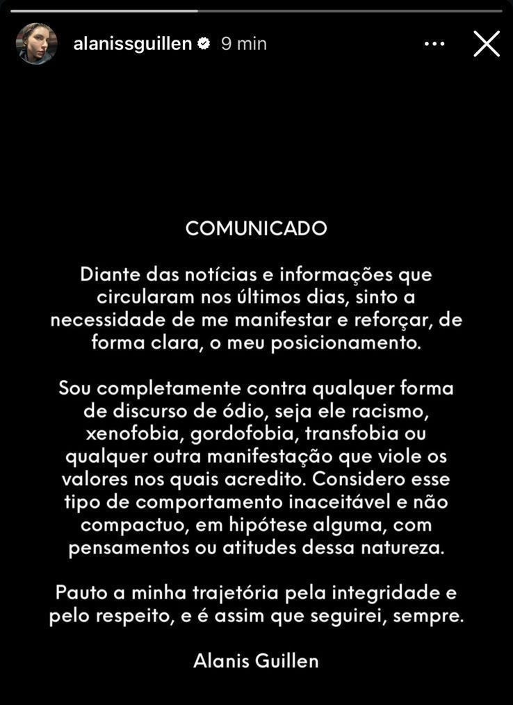 Alanis Guillen se pronuncia após supostas falas racistas da namorada • Instagram/Alanis Guillen