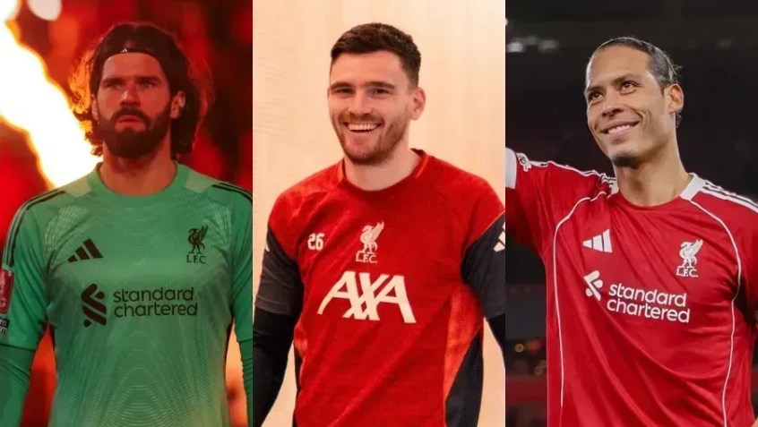 Da esquerda para a direita, os jogadores Alisson Becker, Andrew Robertson e Virgil van Dijk • Reprodução/Liverpool