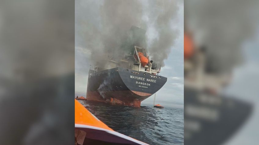 Vinte tripulantes foram resgatados, mas três permanecem desaparecidos após um navio tailandês ter sido atingido por um projétil desconhecido perto do Estreito de Ormuz nesta quarta-feira (11), informou o Ministério dos Transportes da Tailândia • Royal Thai Navy Handout