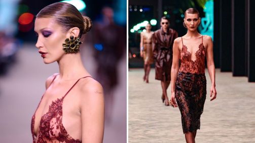 Bella Hadid no desfile da Saint Laurent na Semana de Moda de Paris