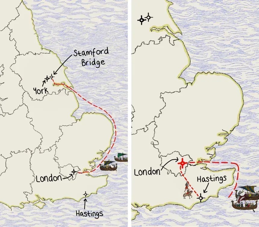 Anteriormente, os historiadores acreditavam que Harold e seus homens viajaram de Yorkshire para Londres a pé. Novas pesquisas sugerem que eles fizeram a viagem de navio • Beth Spencer/Universidade de East Anglia