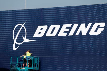 Logotipo da Boeing no Aeroporto de Le Bourget, perto de Paris, França, em 13 de junho de 2025