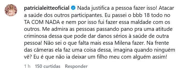 Patrícia Leitte detona atitude de Milena no BBB • Instagram/fofoquei