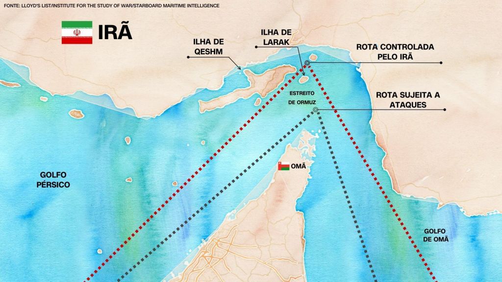 Ilustração mostra rotas no Estreito de Ormuz