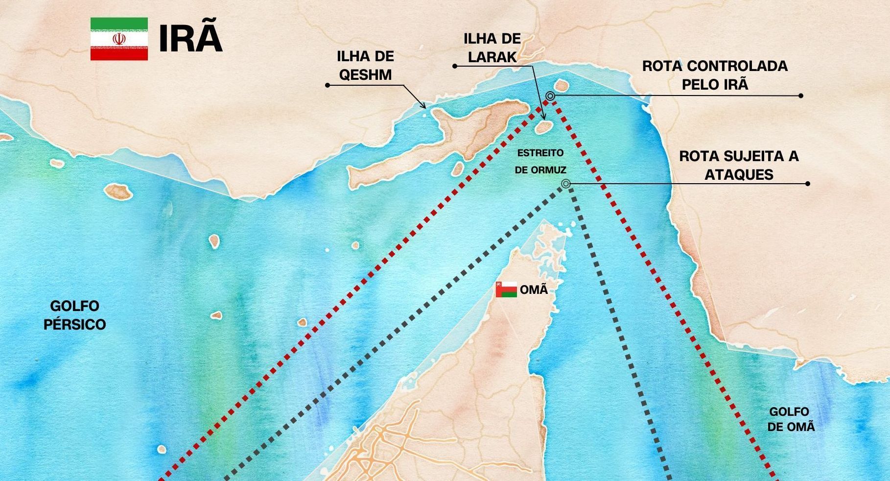 Ilustração mostra rotas no Estreito de Ormuz