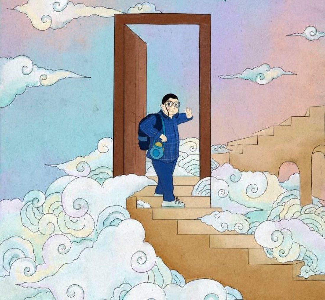 Ilustração de aluno iraniano que aprece em foto se despedindo da mãe antes de ser morto em ataque dos EUA e Israel, segundo a agência iraniana Mehr. • Mehr / Reprodução
