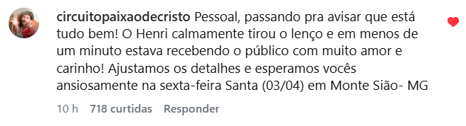 Perfil oficial do espetáculo se pronuncia após acidente com Henri Castelli • Instagram/Paixão de Cristo Circuito das Águas