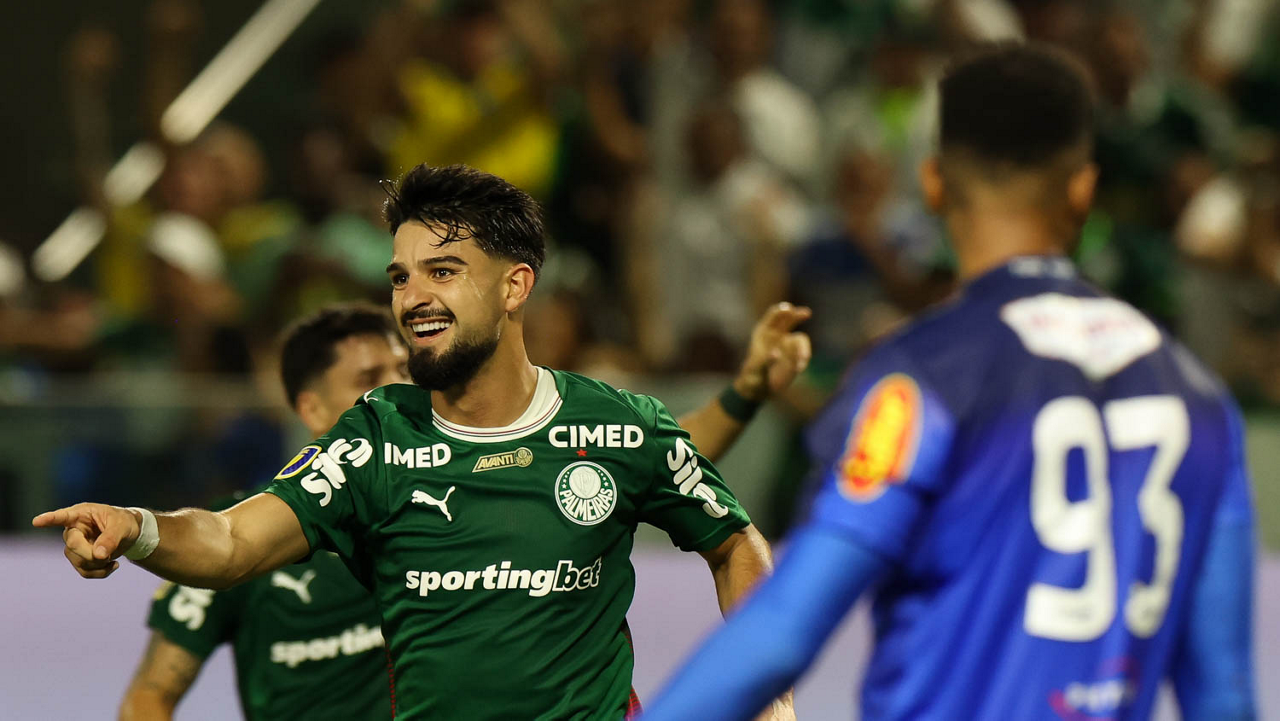 Flaco López comemora o gol que abriu o placar para o Palmeiras sobre o Novorizontino na final do Paulistão