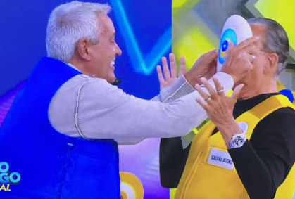 Galvão Bueno leva torta na cara e web vai ao delírio: "Momento histórico"