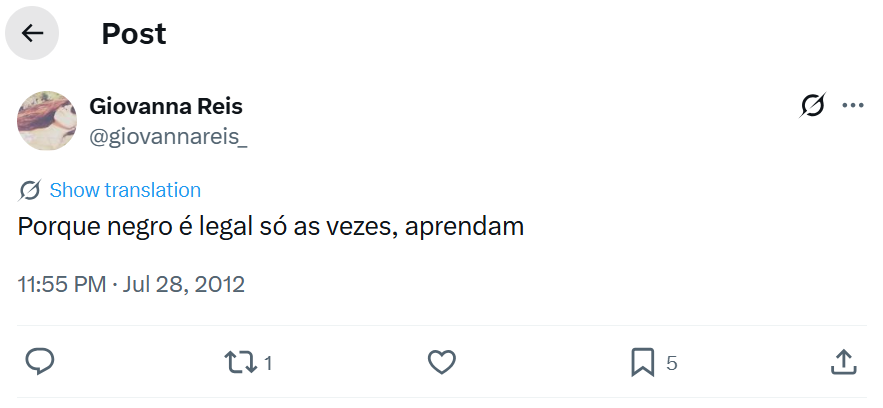 Tweet de Giovanna Reis publicado em 2012 • Reprodução/X