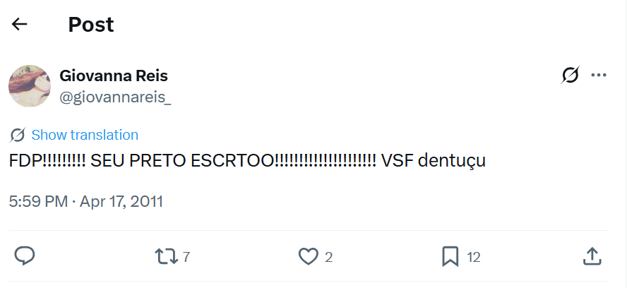 Tweet de Giovanna Reis publicado em 2012 • Reprodução/X