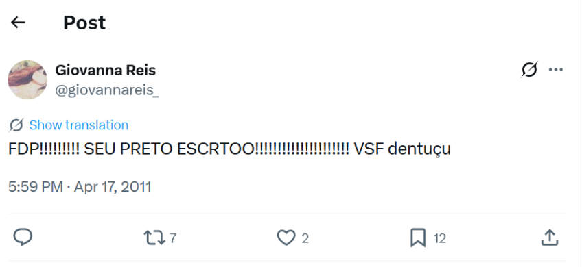 Tweet de Giovanna Reis publicado em 2012 &bull; Reprodu&ccedil;&atilde;o/X