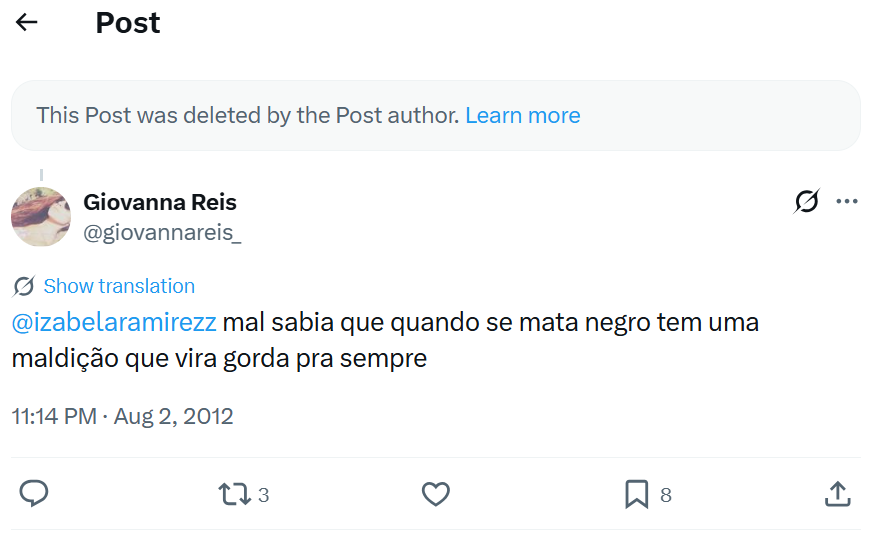 Tweet de Giovanna Reis publicado em 2012 • Reprodução/X