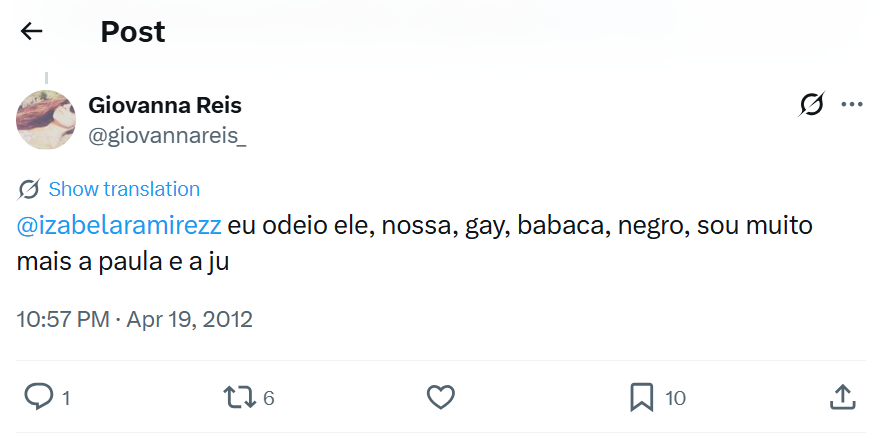 Tweet de Giovanna Reis publicado em 2012 • Reprodução/X