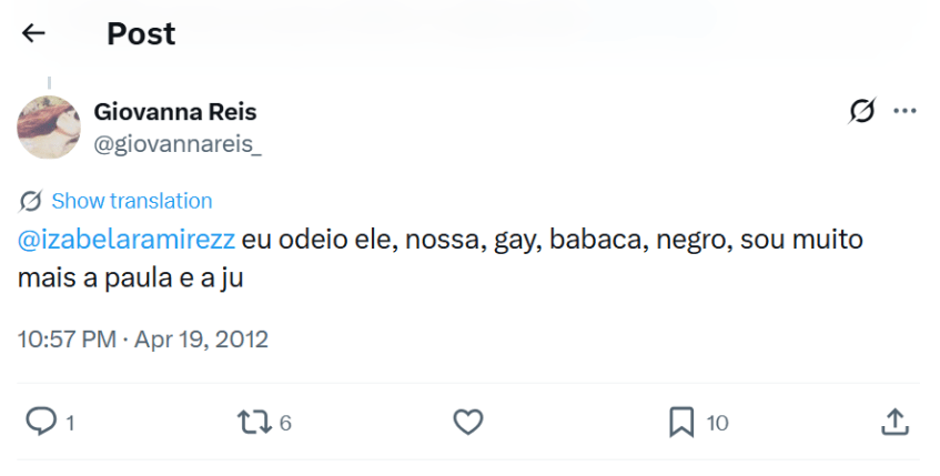 Tweet de Giovanna Reis publicado em 2012 &bull; Reprodu&ccedil;&atilde;o/X