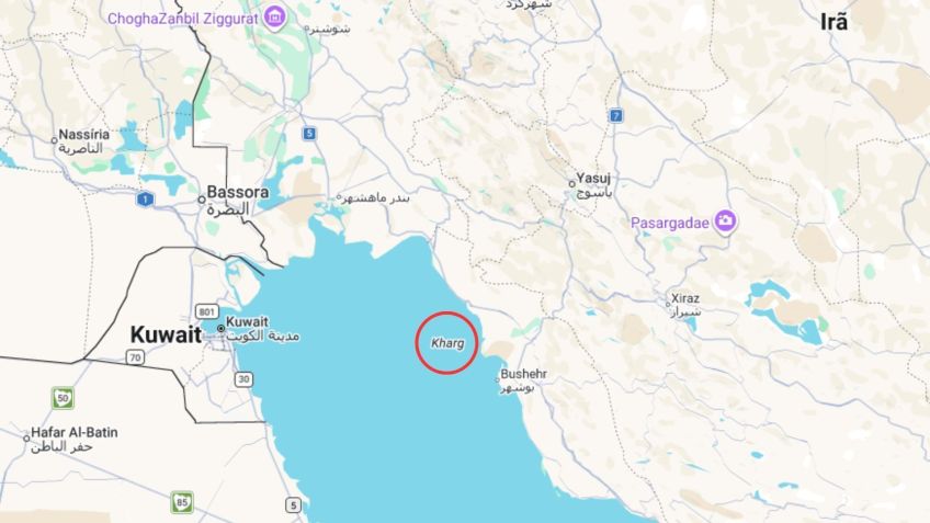 Ilha de Kharg, localizada no Golfo Pérsico, próxima ao Irã • Reprodução Google Maps