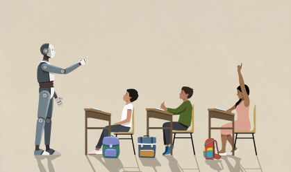 AI robot teaching schoolchildren at desks in classroom