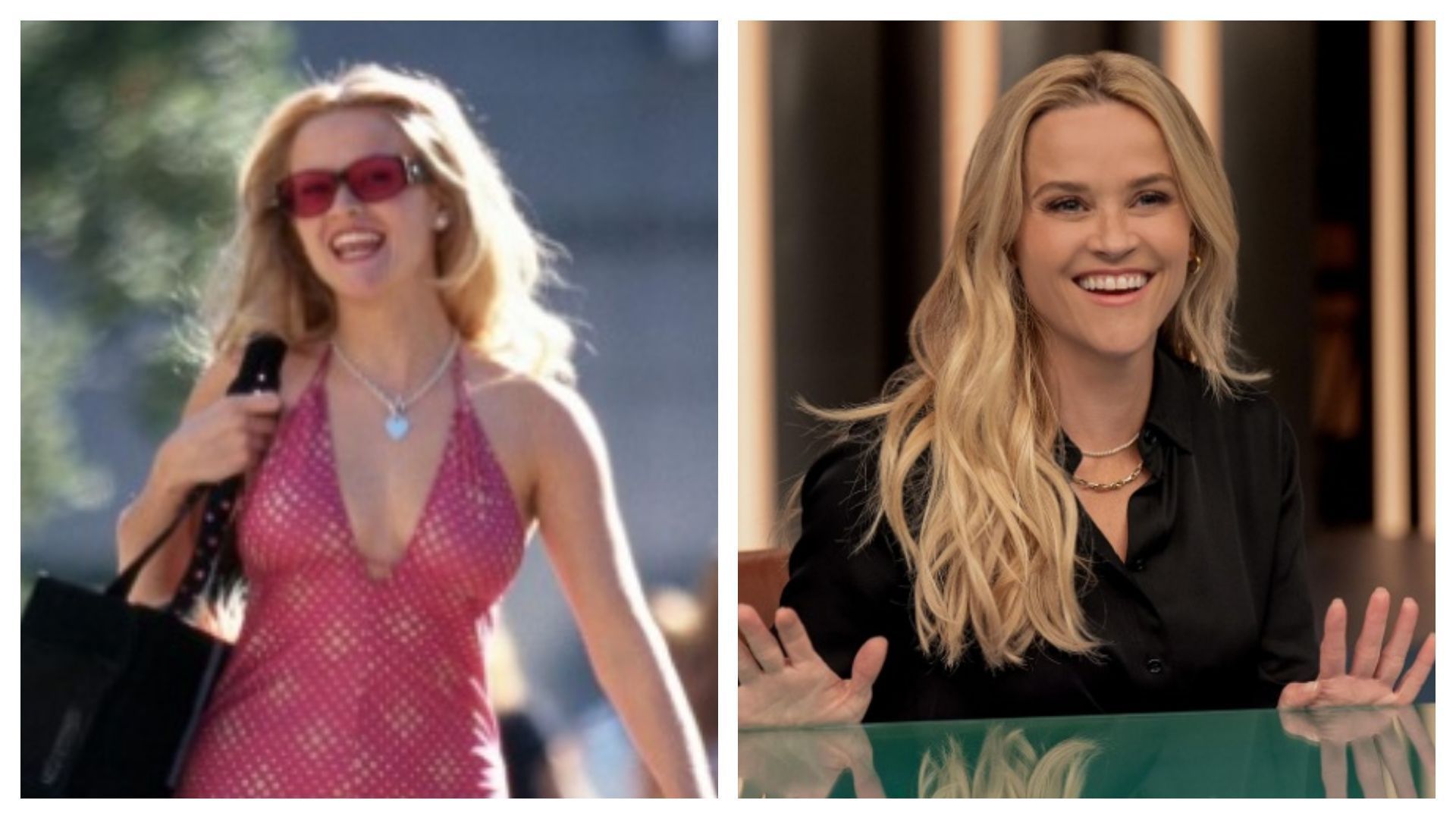 Reese Witherspoon como Elle Woods em "Legalmente Loira" (à esq.); e como Bradley Jackson em "The Morning Show"