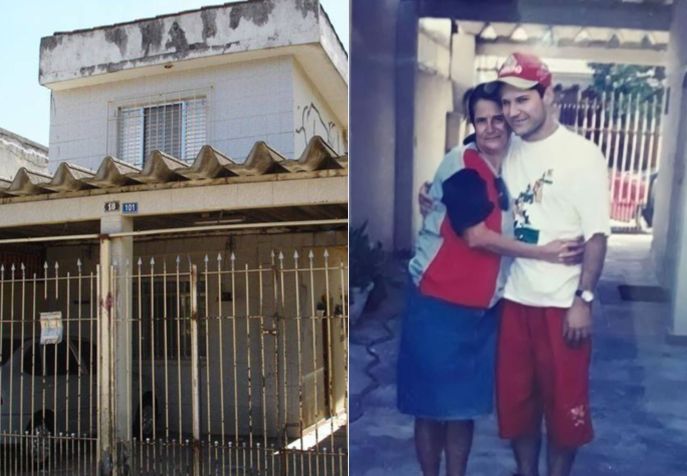 A casa em que Dinho morou na Vila Barros, em Guarulhos; ao lado, em foto com a tia • Reprodução/Facebook e Instagram