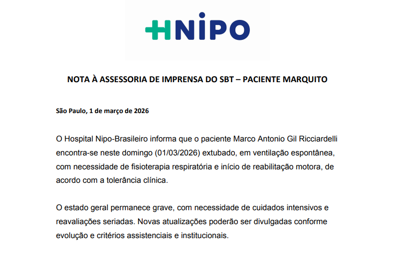 Boletim médico do humorista Marquito divulgado neste domingo (1) • Divulgação