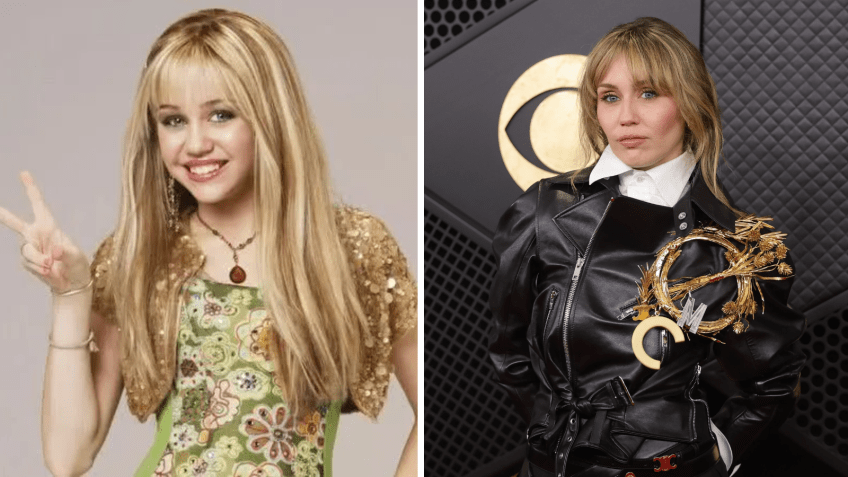 Miley Cyrus em "Hannah Montana" e 20 anos depois • Reprodução/Disney/Brianna Bryson/WireImage