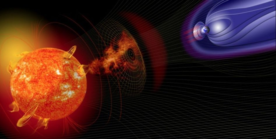 Ilustração mostra efeito da radiação de uma tempestade solar em direção à Terra • Nasa