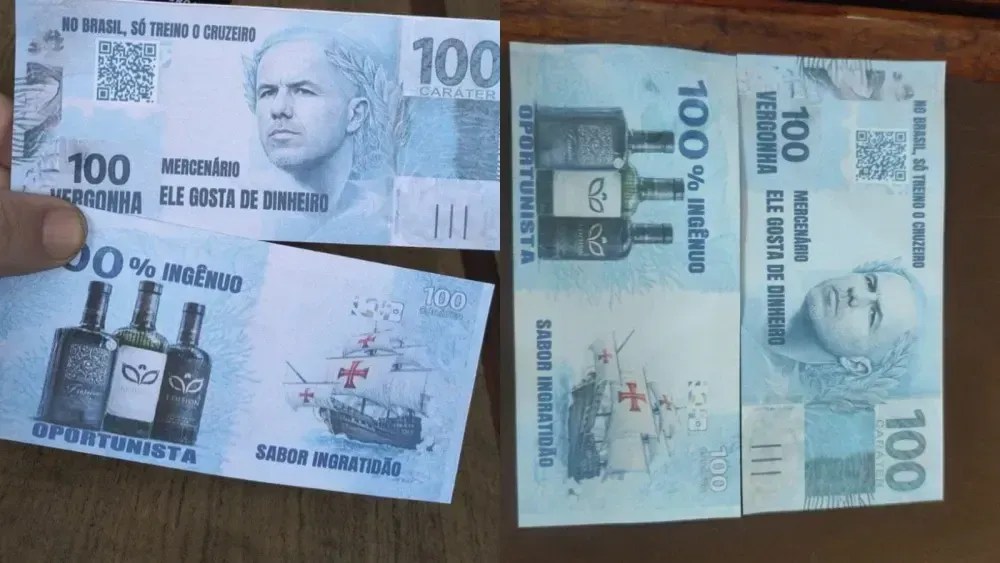 torcida do Cruzeiro imprimiu notas falsas para provocar o técnico Leonardo Jardim • Imagem cedida à Itatiaia