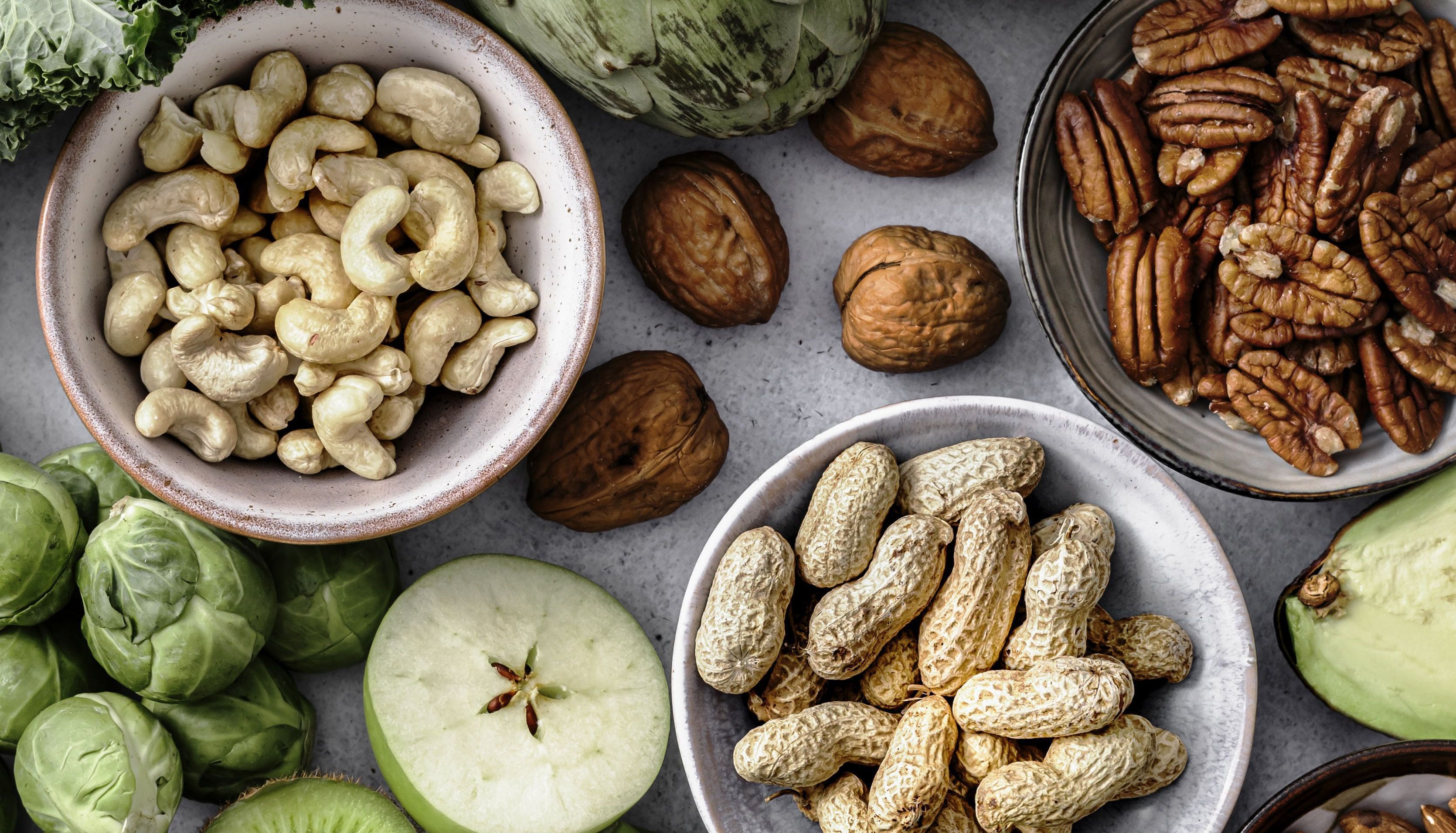 Nuts and vegetables flat lay healthy diet food photography