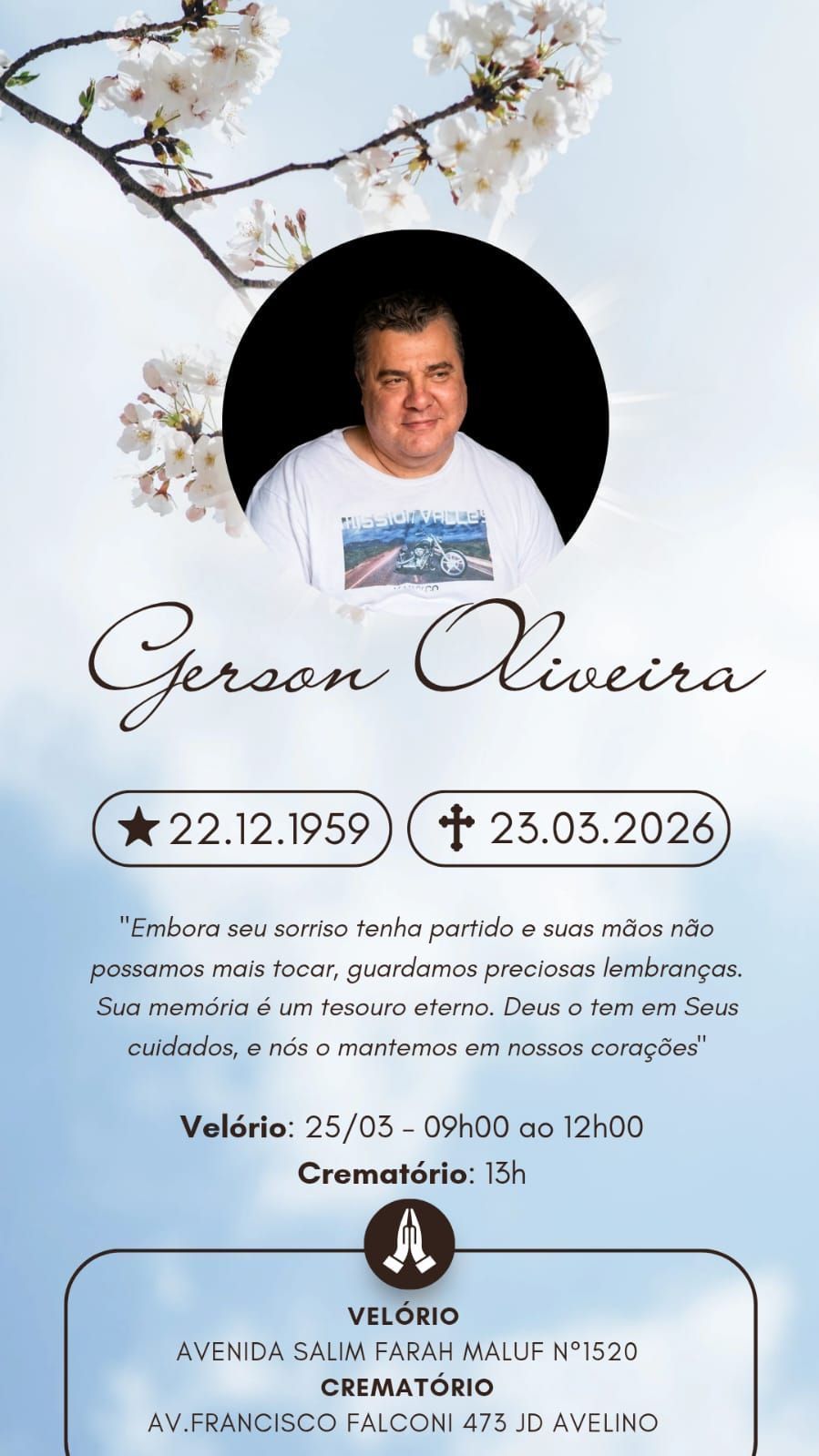 Flyer publicado por Marta Mendonça sobre a despedida ao ator Gerson Brenner • Instagram | Marta Mendonça