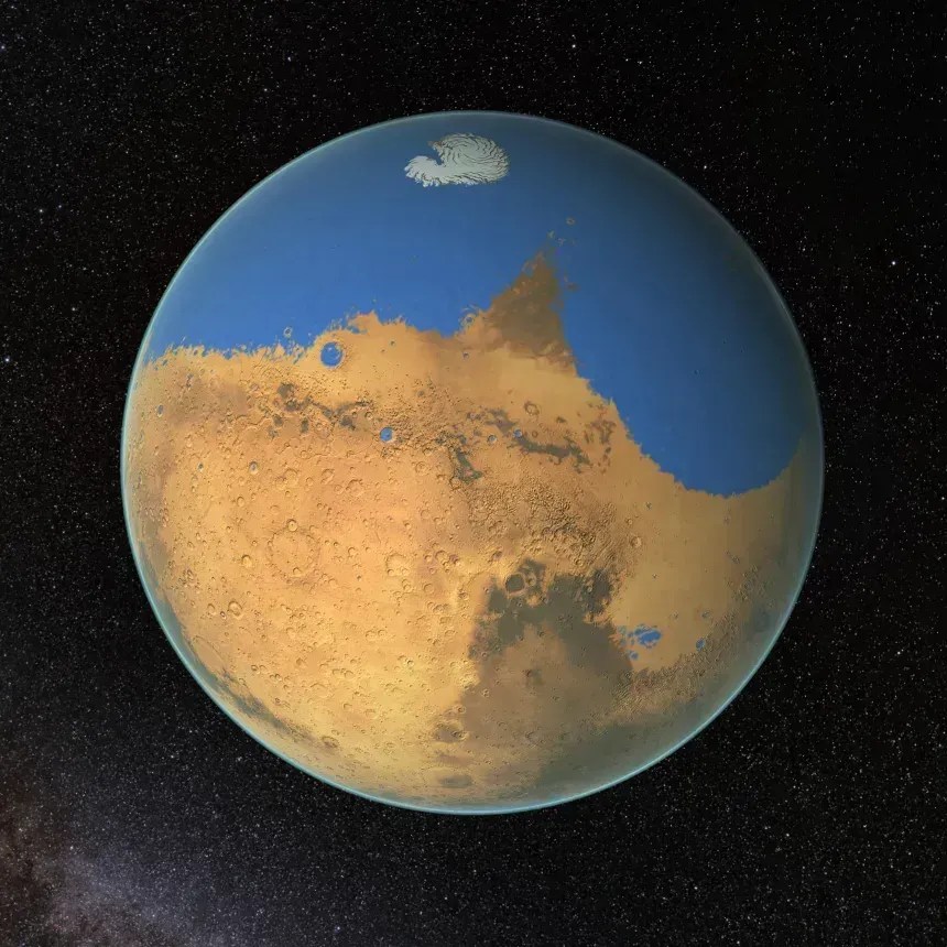 Esta ilustração da NASA mostra como Marte poderia ter sido há bilhões de anos, quando um grande oceano poderia ter coberto cerca de um terço de sua superfície. • NASA/GSFC