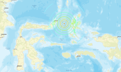 Epicentro do terremoto de magnitude 7,8, na região norte do Mar das Molucas, Indonésia