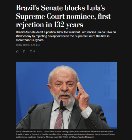 Matéria do jornal americano Washington Post sobre a rejeição de Jorge Messias • Reprodução / Washington Post