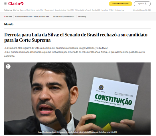 Článek argentinských novin Clarín o odmítnutí Jorge Messiase • Reprodukce / Clarín