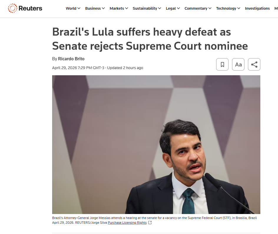 Matéria da agência de notícias Reuters sobre a rejeição de Jorge Messias • Reprodução / Reuters