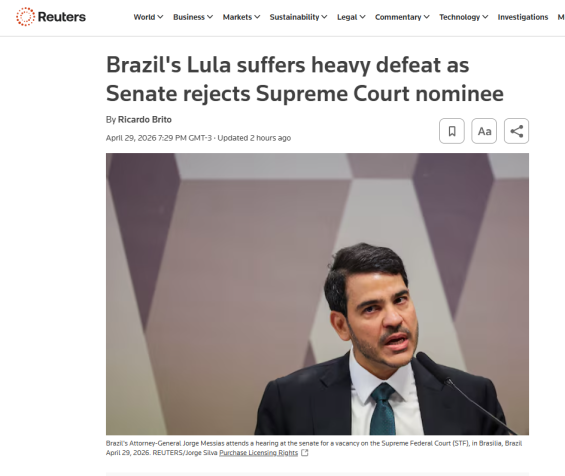 Článek tiskové agentury Reuters o odmítnutí Jorge Messiase • Reprodukce / Reuters