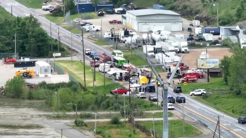 Imagens de drones mostram equipes de emergência no local de um vazamento químico na Virgínia Ocidental