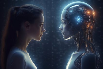 mulher-humana-e-robô-humanoide-de-perfil