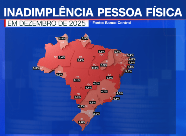 Inadimplência das pessoas físicas por estado • Arte: CNN Brasil