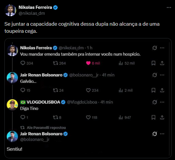 Interação de Nikolas Ferreira • Reprodução/X: @nikolas_dm