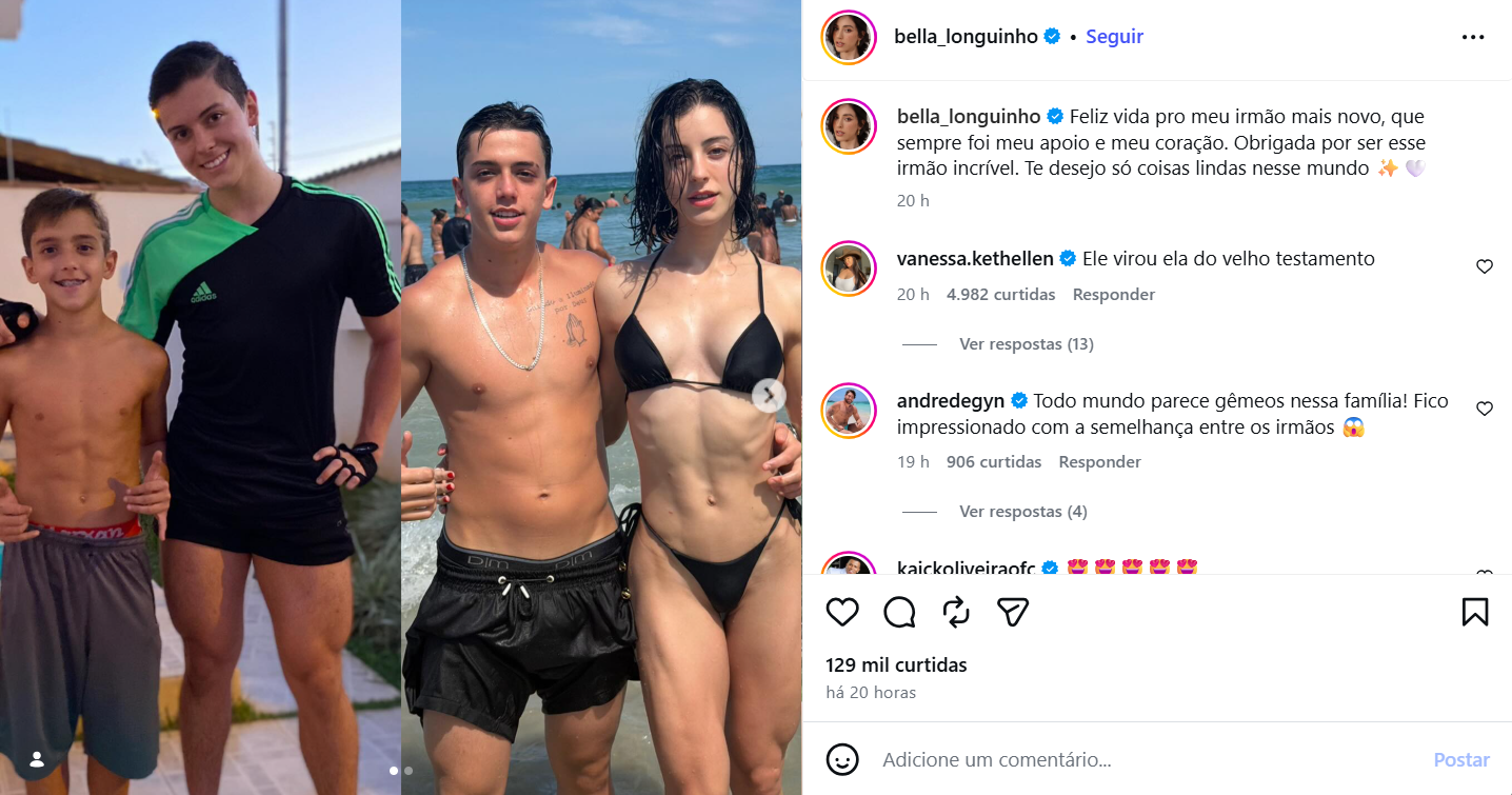 Bella Longuinho publica fotos de antes e depois da transição de gênero ao lado do irmão caçula. • Reprodução Instagram/Bella Longuinho