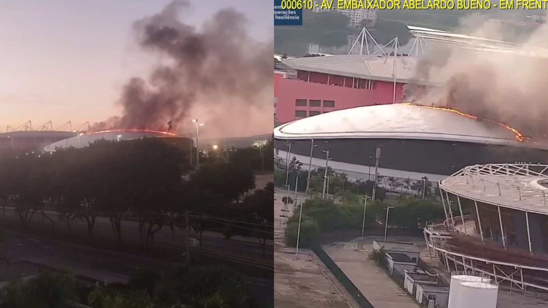 Vídeos mostram a faixa de fogo que se formou ao longo do teto do Velódromo e a grande coluna fumaça acima