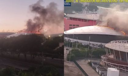 Vídeos mostram a faixa de fogo que se formou ao longo do teto do Velódromo e a grande coluna fumaça acima