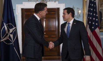 O secretário-geral da Otan, Mark Rutte e o secretário de Estado dos EUA, Marco Rubio, nesta quarta-feira (8), em Washington