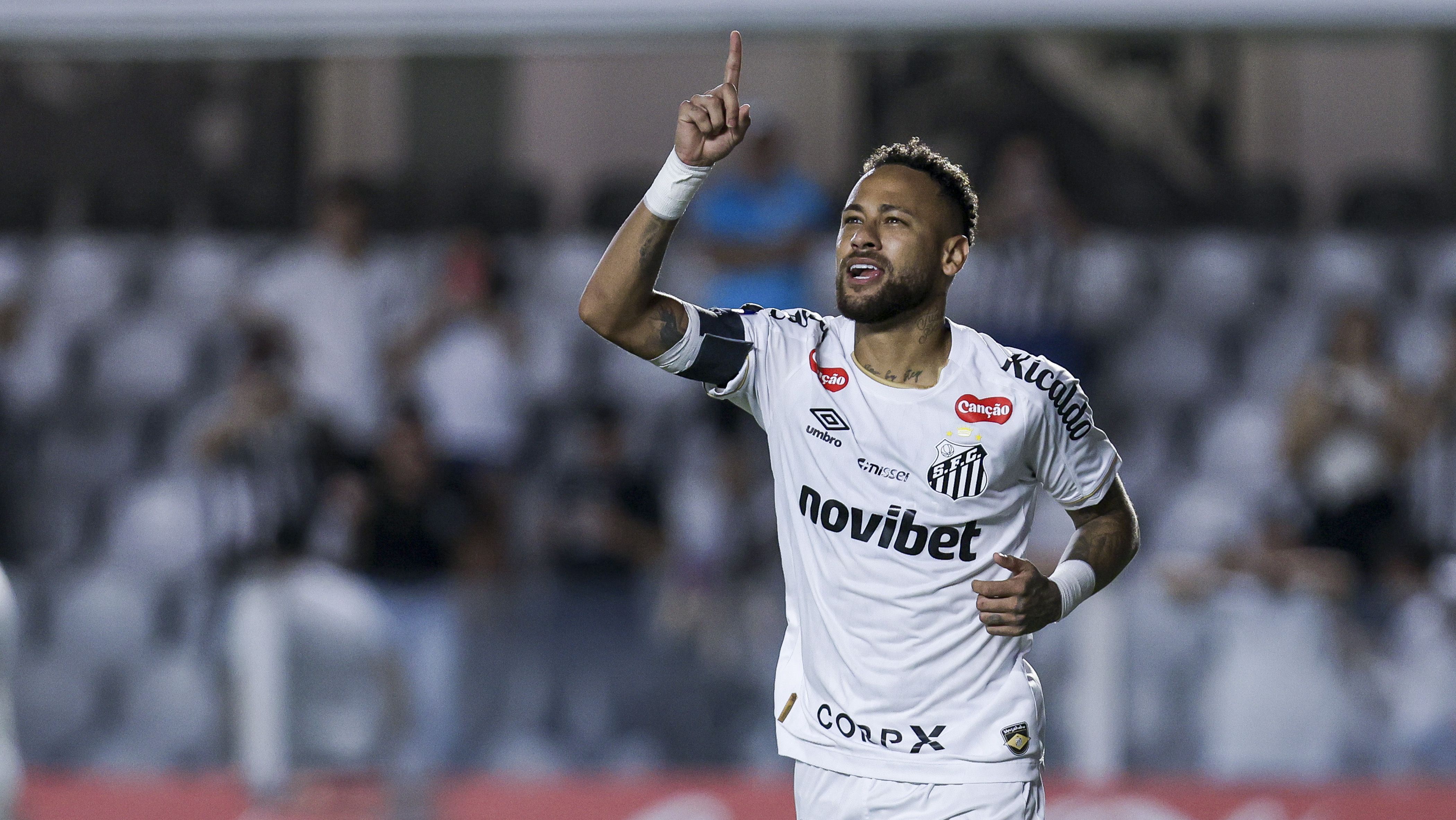 Neymar, do Santos, celebra gol contra o Deportivo Recoleta, pela Sul-Americana